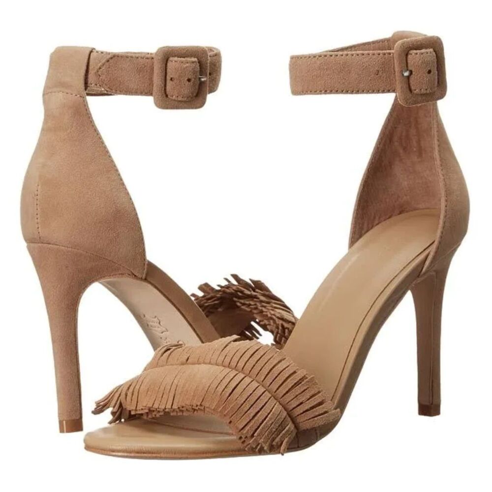 Joie Pippi Fringe Tan Suede Ankle Strap High Heel Shoes Women Sz. 6